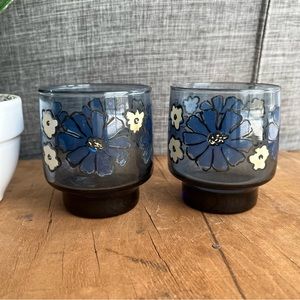 Libbey Camellia Cobalt Blue Retro Flower Power 1960's LowBall Bar Glasses